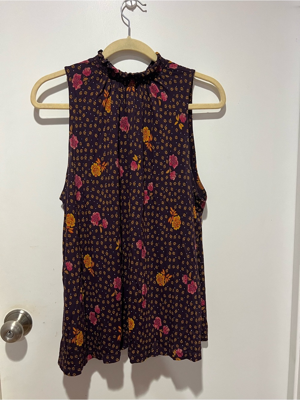 LOFT Dark Purple Floral Mock-Neck Sleeveless Camisole